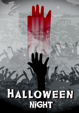 Halloween Poster with Bloody Hand and Zombie Crowd - Vector Illustrationのイラスト素材