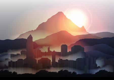 City Skyline at Sunset in the Mountains - Vector Illustrationのイラスト素材