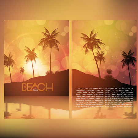 Beach Party Poster with Tropical Island and Palm Trees - Vector Illustrationのイラスト素材