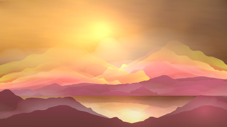 Abstract Sunrise Mountains with Lake - Vector Illustrationのイラスト素材