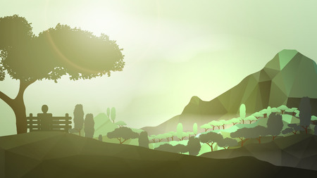 Abstract Green Forest Mountain with Man Sitting in the Foreground - Vector Illustrationのイラスト素材
