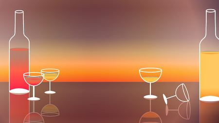 Wine and Wine Glasses on Sunset Background - Vector Illustrationのイラスト素材