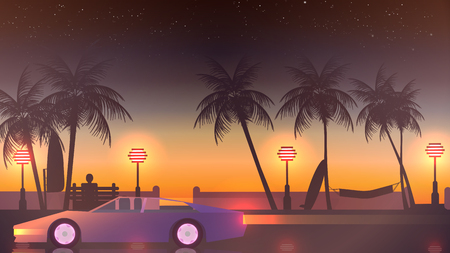 Beach Sunset Walkway with Sport Car speeding away - Vector Illustrationのイラスト素材