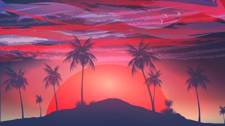 Red Sunset Tropical Island with Storm Clouds - Vector Illustrationのイラスト素材