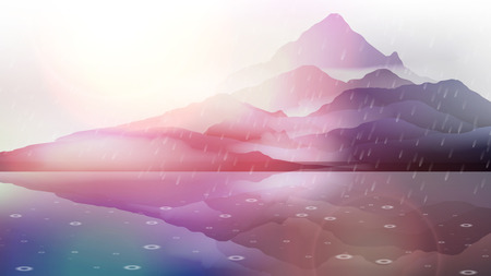 Mountain Landscape with Lake Reflection in Rain - Vector Illustrationのイラスト素材