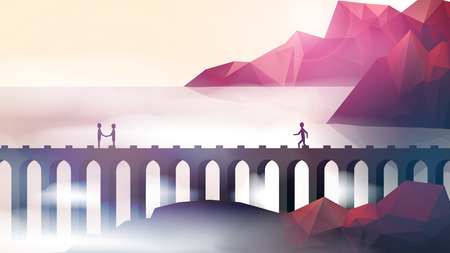People on Aqueduct Bridge Near Shore Cliffs  - Vector Illustrationのイラスト素材