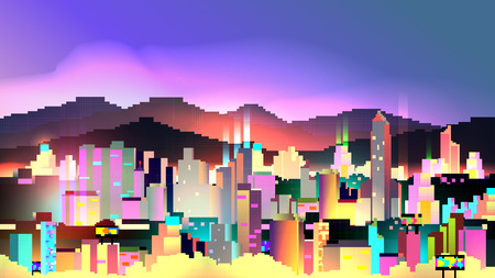 Retro Eight Bit Neon City Skyline Background - Vector Illustrationのイラスト素材