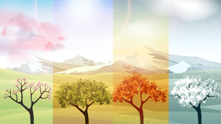 Four Seasons Banners with Abstract Trees and Mountains  - Vector Illustrationのイラスト素材