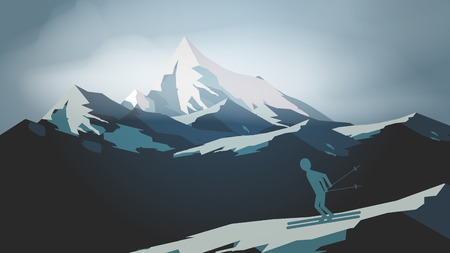 Mountain Landscape with Man Skiing  - Vector Illustrationのイラスト素材