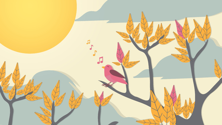 Paper-cut Style Bird on Tree Branch - Vector Illustrationのイラスト素材