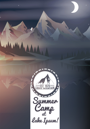 Sunset with Mountain Peaks, Summer Camp Flyer - Vector Illustrationのイラスト素材