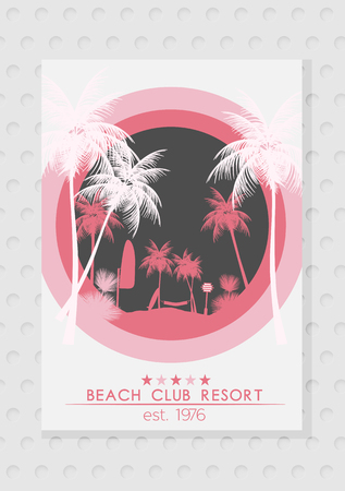 Summer Beach Resort Tropical Island with Palm Tree, Surfboard  - Vector Illustrationのイラスト素材