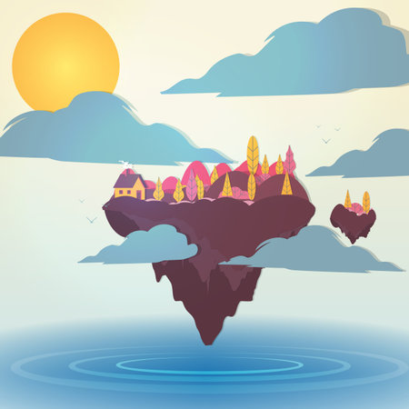 Paper-cut Style Floating Island with Small House and Tree - Vector Illustrationのイラスト素材
