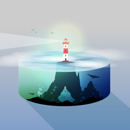 Lighthouse Island Water Slice and Underwater View - Vector Illustrationのイラスト素材