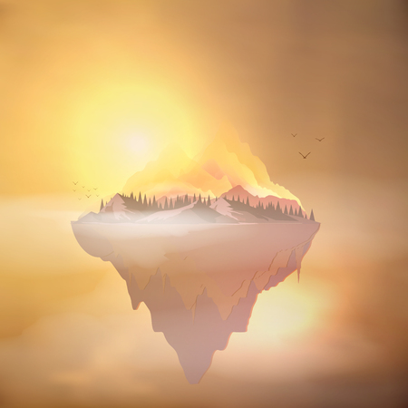 Floating Island Mountains with Pine Forest - Vector Illustrationのイラスト素材