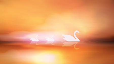 Swan Silhouette and Sunrise on Lake - Vector Illustrationのイラスト素材