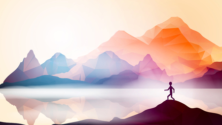 Runner on Geometric Mountain Background - Vector Illustration.のイラスト素材