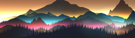 Abstract Sunrise Panorama Mountains with Lake and Pine Forest - Vector Illustrationのイラスト素材