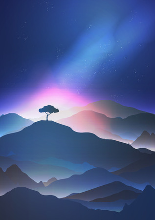 Starry Night in the Mountains with a Lone Tree - Vector Illustrationのイラスト素材
