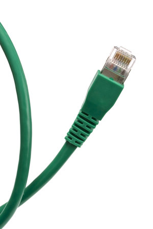Green network cable on white