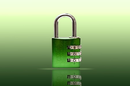 Green combination lock and reflection on white backgroundの写真素材