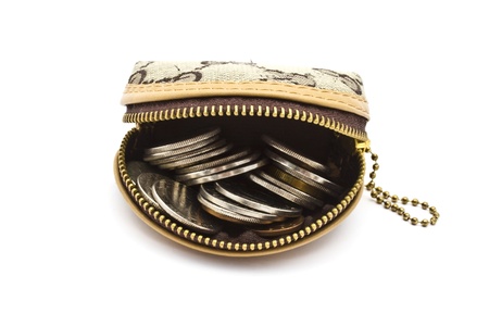 Coins in purse closeup on white backgroundの写真素材