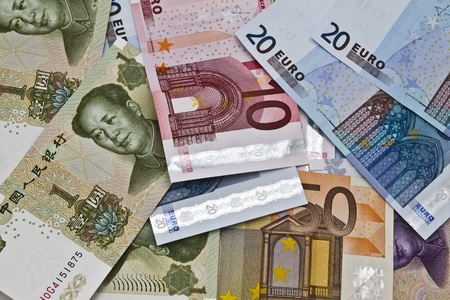 Chines money and euro currency closeupの写真素材