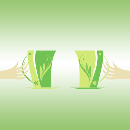 Abstract cups and hands isolated on green backgroundのイラスト素材