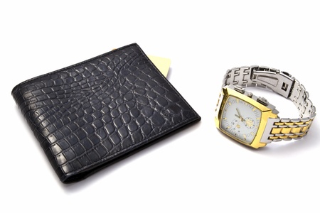 Black wallet and watch isolated on white backgroundの写真素材