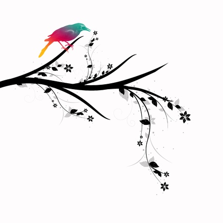 Beautiful bird standing on floral branch closeupのイラスト素材