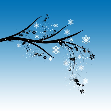 Beautiful winter tree with snowflakes on blue backgroundのイラスト素材