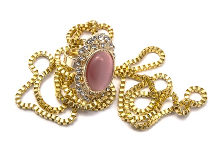 necklace  and ring isolated on white backgroundの写真素材