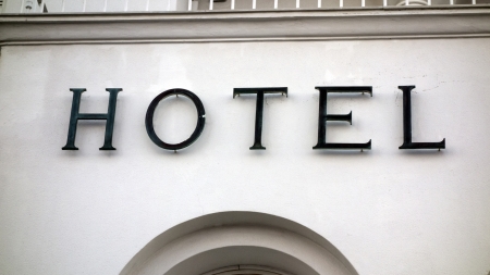 Hotel sign closeup on the wall, Santorini, Greeceの写真素材