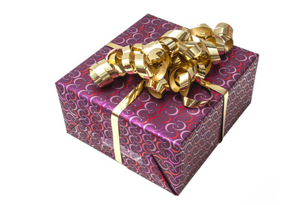 Gift Box with Gold Ribbon Bow isolated on white background の写真素材