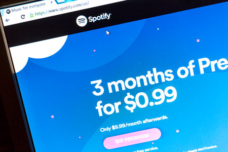 Spotify website on a computer screen. Spotify is a Swedish commercial music streaming, podcast and video serviceのeditorial素材