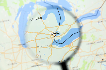 Ostersund, Sweden - Jan 17, 2017: Detroit on Google Maps under a magnifying glass. Detroit is the most populous city in the U.S. state of Michigan,のeditorial素材