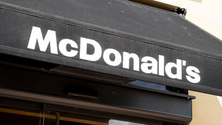 Palma de Mallorca, Spain - September 23, 2017.  McDonald's restaurant sign. McDonald's is the world's largest chain of hamburger fast food restaurants.のeditorial素材