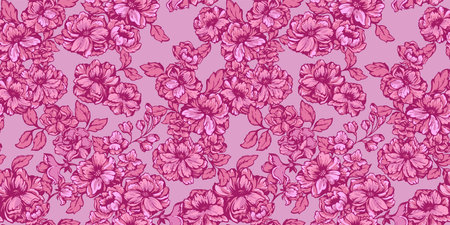 Beautiful blooming pink flower branches seamless pattern. Artistic chic bright floral background. Vector hand drawn. Design for fashion, fabric, wallpaper.のイラスト素材