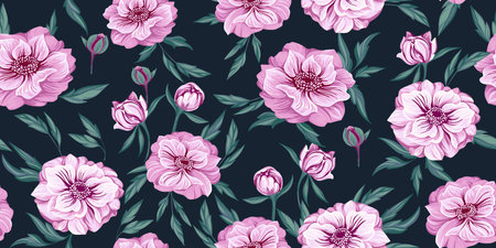 Seamless pattern with blooming  flowers ranunculus and leaves. Vector hand drawn. Colorful elegant purple floral pattern on a dark background. Design for fashion, fabric, wallpaper.のイラスト素材