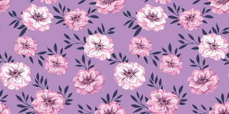 Seamless pattern with ranunculus flowers and leaves. Vector hand drawn. Artistic floral pattern on purple background. Design for fashion, fabric, wallpaper.のイラスト素材