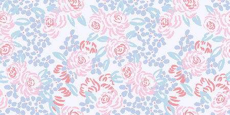 Seamless pastel flowers rose, leaves background texture. Vector hand drawn sketch. Floral brush pattern on a blue background. Design for fashion, fabric, wallpaper.のイラスト素材