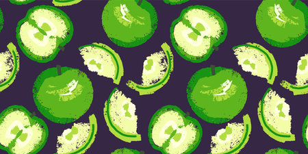 Creative seamless pattern with apples and apple slices. Stylized vector hand drawn sketch fruits....