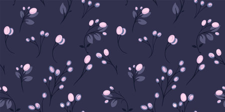 Seamless creative purple berries branches with drops, dots pattern on a dark blue background. Vector hand draw sketch. Design for fashion, fabric, wallpaper.のイラスト素材