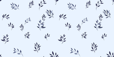 Elegant simple pattern with tiny branches leaves. Stylized dark leaf stems on a white background. Vector hand drawn sketch. Design for fashion, fabric, wallpaper.のイラスト素材