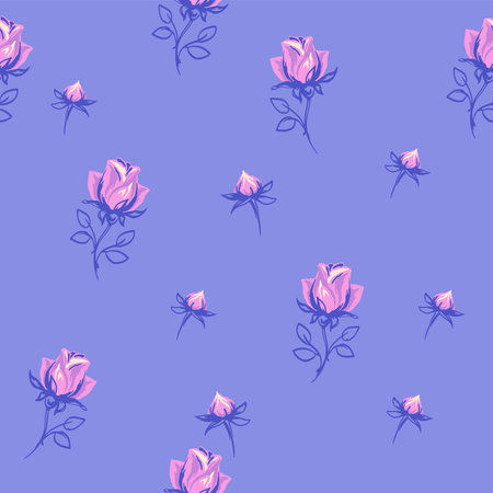 Retro colorful seamless pattern with vector hand draw rose and rosebud. Creative abstract branches flowers on a blue background. Design for fashion, fabric, wallpaper.のイラスト素材