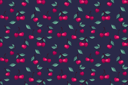 Seamless creative cute cherry pattern on a dark blue background. Summer berries, fruits, leaves, background print. Vector hand drawn fruits illustration. Design for fashion, fabric, wallpaper.のイラスト素材