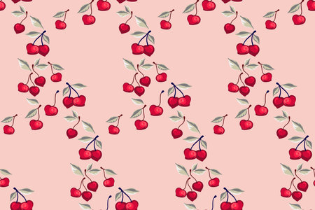 Retro seamless pattern with creative cherry. Vector hand drawn sketch. Summer berries, fruits, leaves, background print. Fruits illustration on a light beige background. Design for fashion, fabric, wallpaper.のイラスト素材