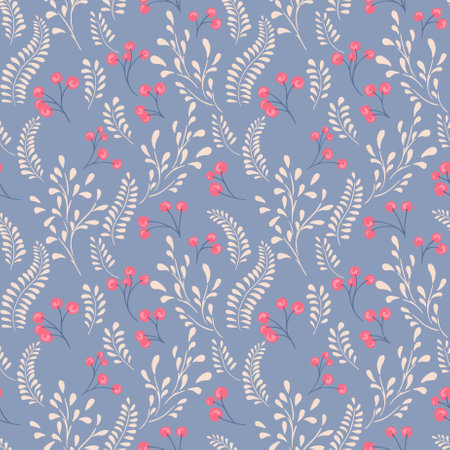Blue pastel seamless pattern with creative berries branches and leaves stem and drops. Vector hand drawn sketch. Retro simple background with tiny floral leaf stems. Design for fashion, fabric, wallpaper.のイラスト素材