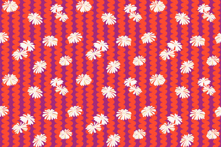 Trendy vibrant seamless pattern with abstract flat flowers and red purple line weave.  Vector hand drawn sketch doodle. Simple, retro background with striped. Design for fashion, fabric, wallpaper.のイラスト素材