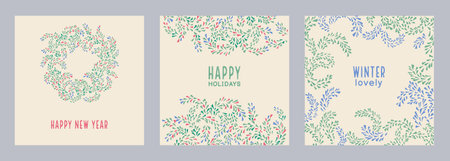 Set of holiday, winter, Christmas, New Year cards with a hand drawn  Christmas wreath and unique floral ornament. Vector illustrations of printing, poster,  invitation, greeting cards.のイラスト素材